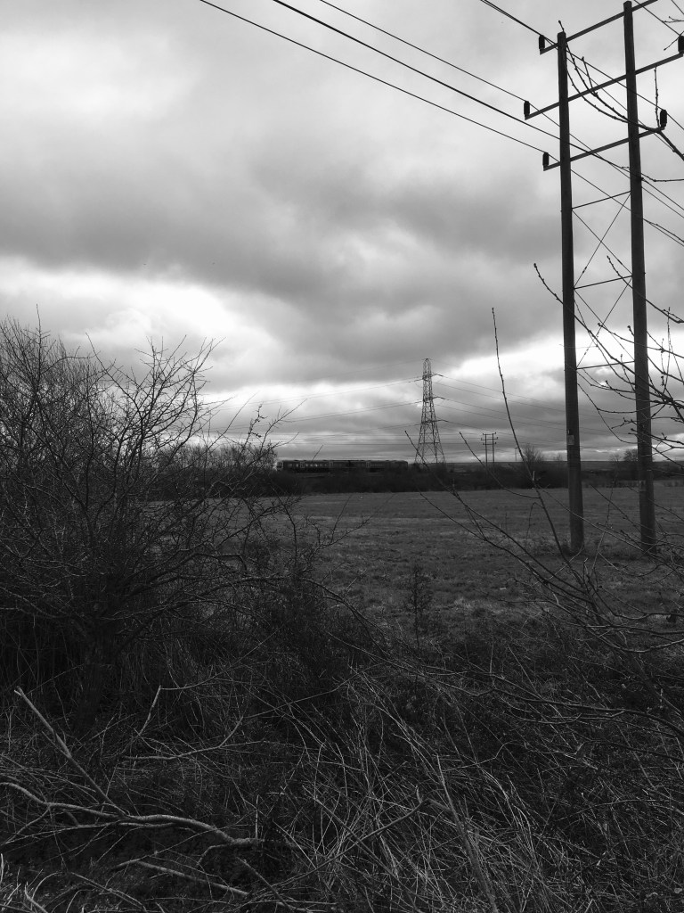 A black and white photo of an electricity pylon, a railway, and phone lines crossing a field.