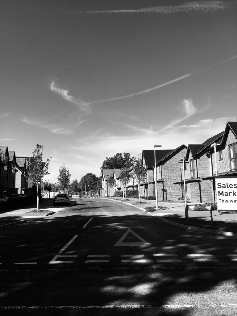 A black and white photo of a road lined with newly built flats.
